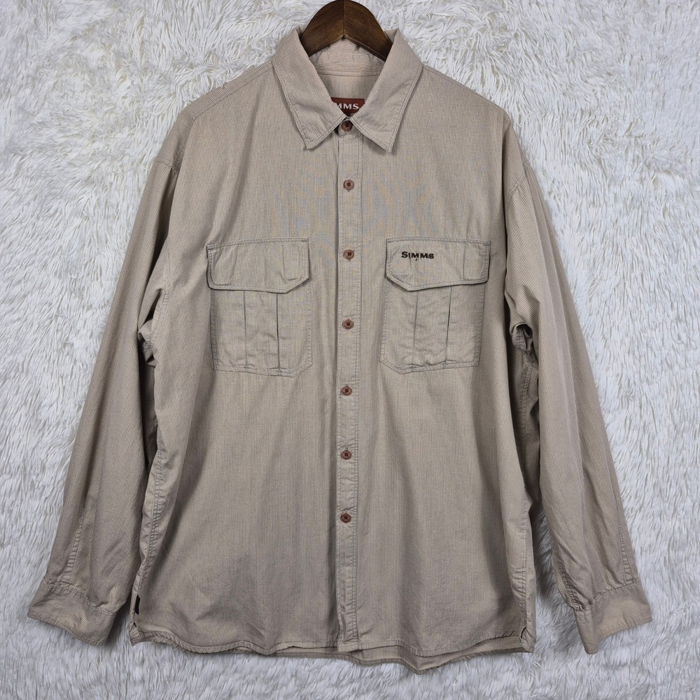 Simms Mens XL Long Sleeve Fishing Shirt Red Micro Check 3XDRY Cotton Button Down